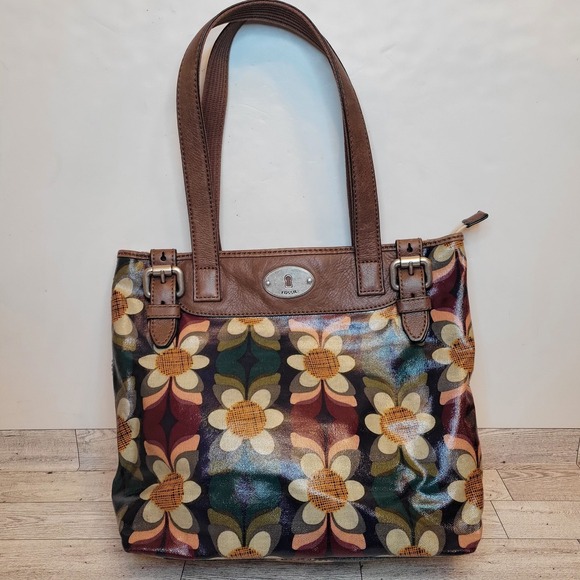 FOSSIL Key-Per Coated Canvas Brown Leather Trim Floral Tote Handbag Boho Retro - Picture 1 of 11